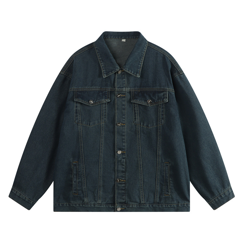 Men's Clothing Hong Kong style retro washed distressed denim jacket men's trendy basic style casual blue couple jacket_voghion.com