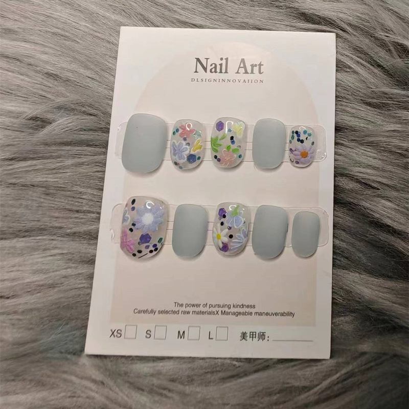 Oil Painting Spring Flower Flower Short Cute Glass Beads Cat's Eye Pure Hand-Wearing Nail Superior Manicure