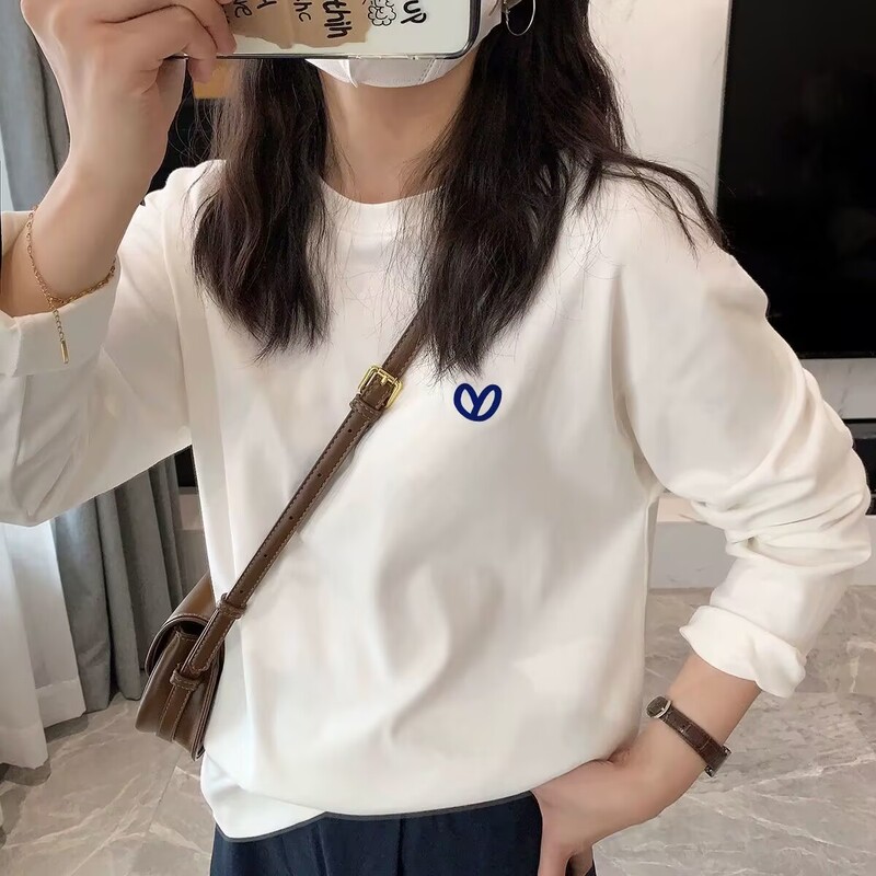 白色长袖t恤纯棉宽松圆领打底衫女内搭大码上衣秋季2025新款女装|undefined