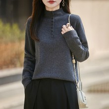 2025韩版慵懒风纯色针织衫上衣加厚秋冬季高领单排扣毛衣女套头