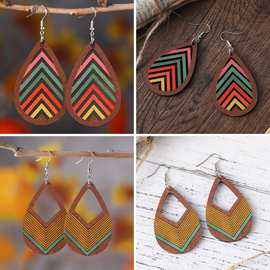 欧美跨境新款波西米亚几何镂空水滴形多彩耳环双面木质耳坠女耳饰