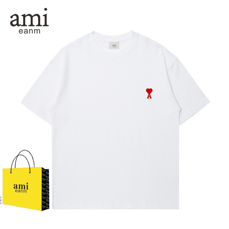 AMI & EANM2024 new T-shirt men's love embroidered loose off-shoulder sleeve summer fashion brand short sleeve top