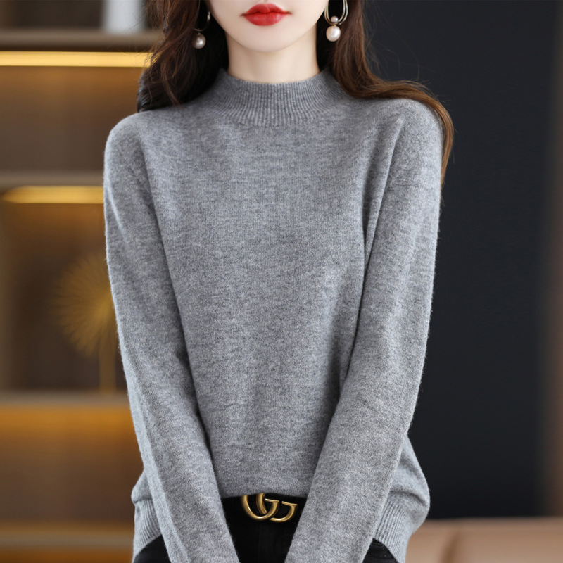 Ropa de primera línea medio cuello alto 100 suéter de lana pura suéter de color sólido de las mujeres camisa de fondo de punto del todo fósforo