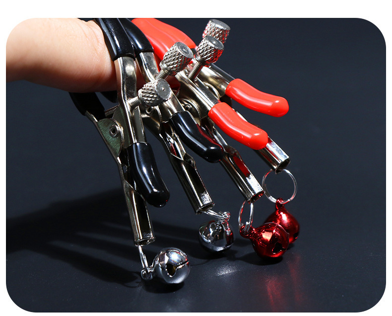 Metal Nipple Clamps with Bells, Red, Adult Couples Sensory Accessory — detail image 18