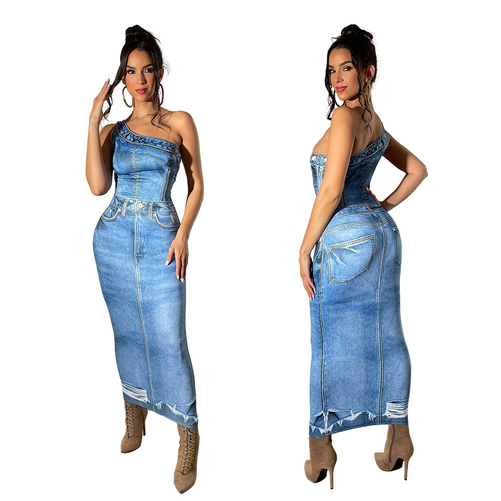 Femmes Robe Fourreau Vêtement De Rue Collier Incliné Impression Sans Manches Couleur Unie Maxi Longue Robe Vacances Du Quotidien display picture 1