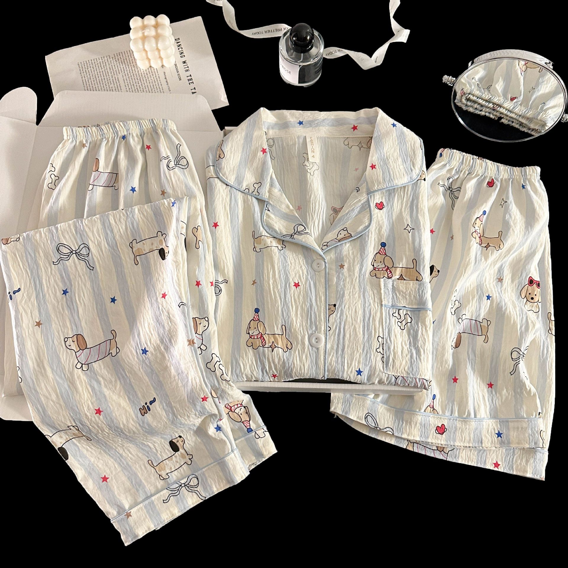 Verano transfronterizo nuevo estilo cómodo nube de algodón de tres piezas solapa pantalones cortos de manga corta pantalones ropa a domicilio traje de pijama de mujer