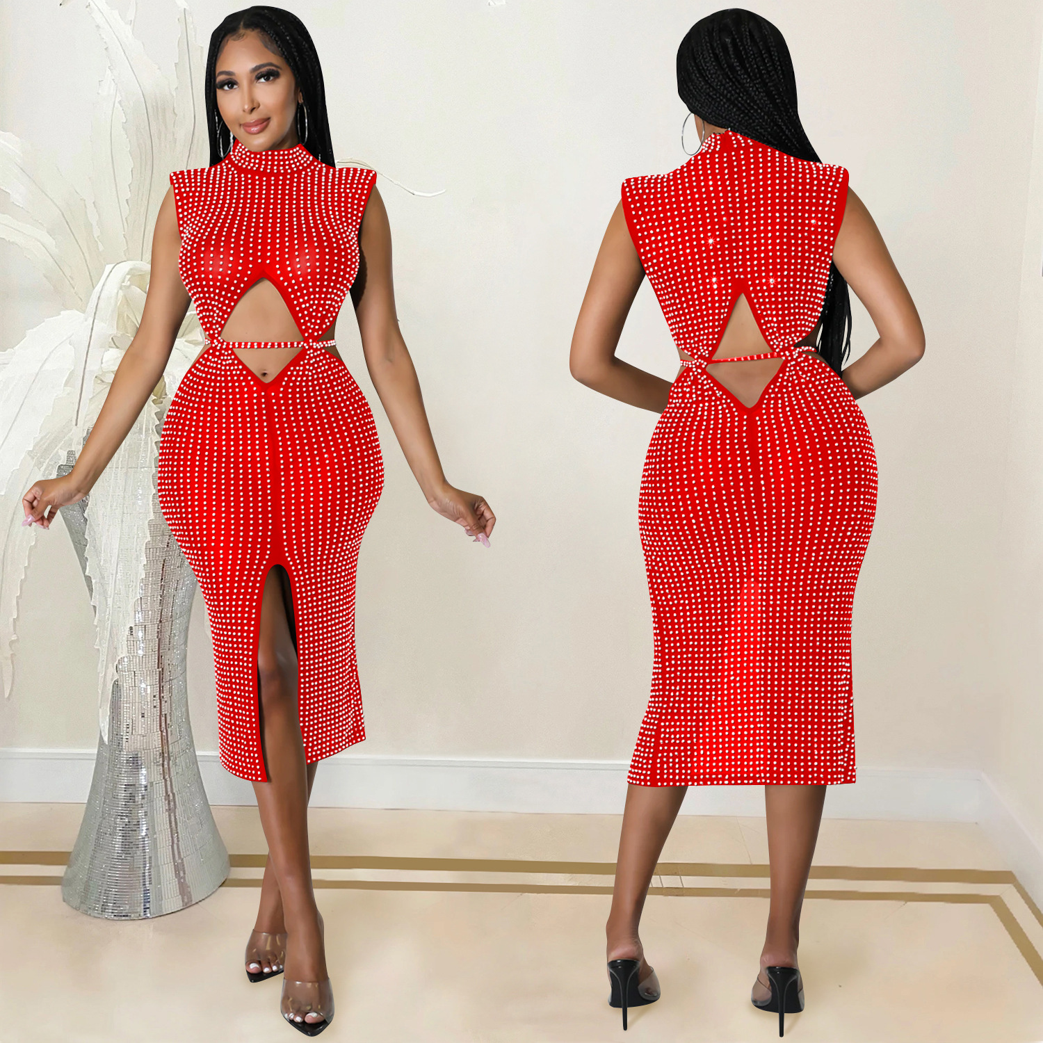 C596 transfronteriza AliExpress amazon moda sexy malla perspectiva rhinestone hueco split vestido ropa de mujer