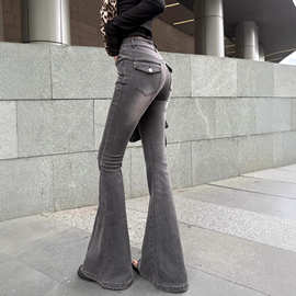 2026春季新品美式黑色高腰微喇修身牛仔裤女蜜桃臀复古拖地裤潮