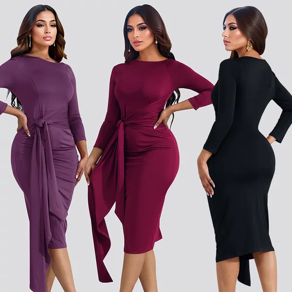 European and American Oblique Collar Sexy Nine-point Sleeve Pleated Strap Irregular Women's Clothing Hot Girl Elegant Slim-fit Hip dress