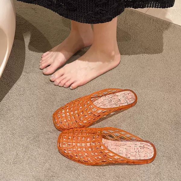 Fashionable Crystal Transparent Open-Toe Mules for Women, Versatile for Work, Summer Slip-On Sandals, Hollow-Out Design