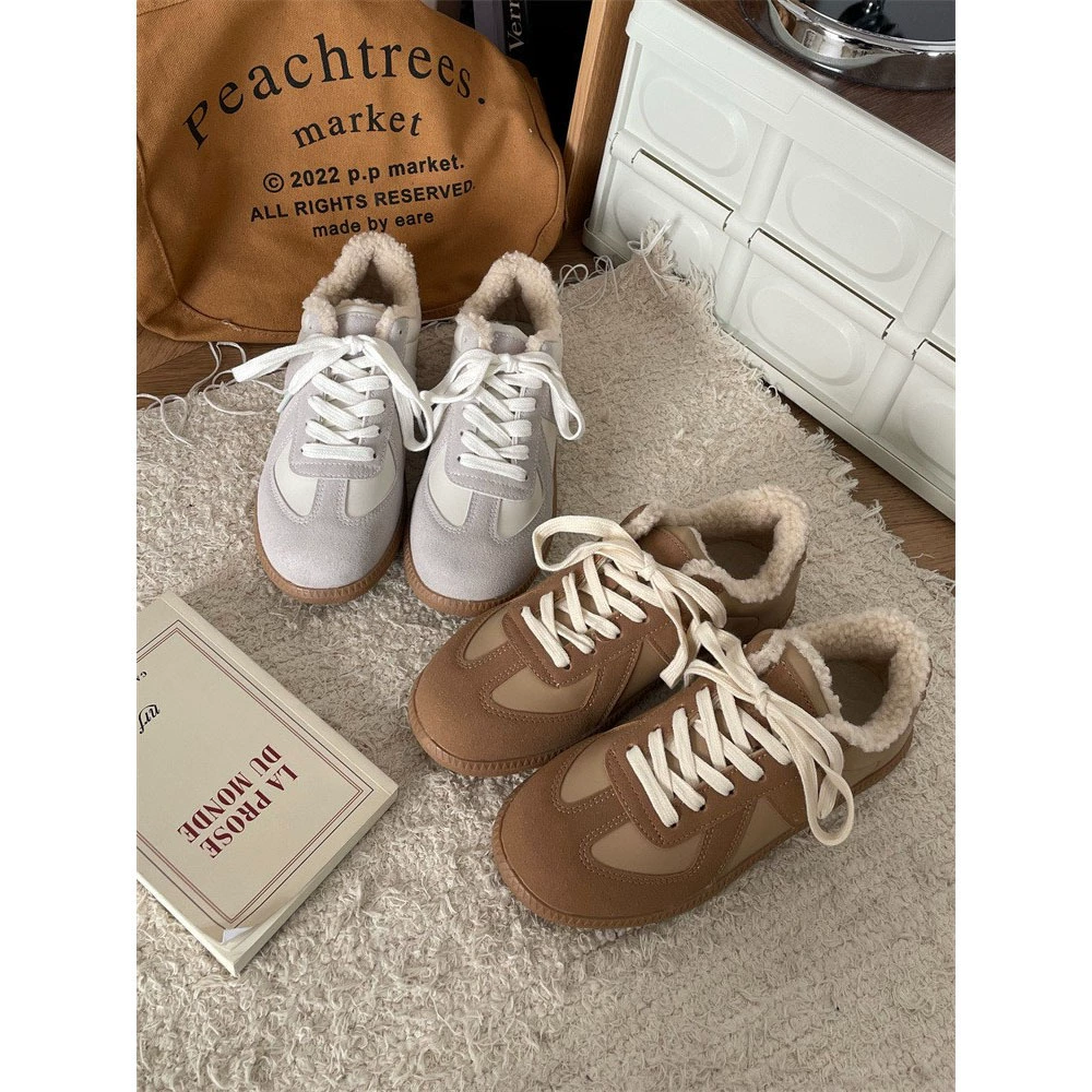 Белые туфли на флисовой подкладке, женская обувь Мао, зимняя верхняя хлопковая обувь, Новая Винтажная немецкая тренировочная обувь, женские универсальные кроссовки на шнуровке, модные женские