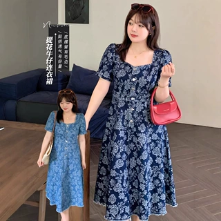 价格美丽k2402大码女装方领提花牛仔连衣裙胖妹妹底摆毛边裙