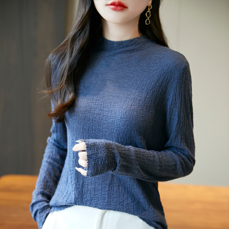 2025春秋新款半高领精纺羊毛针织长袖女修身显瘦百搭薄毛衣打底衫