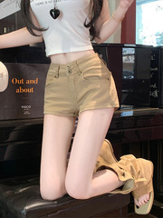 美式卡其色高腰辣妹牛仔短裤女2025夏季小个子设计感显瘦包臀热裤