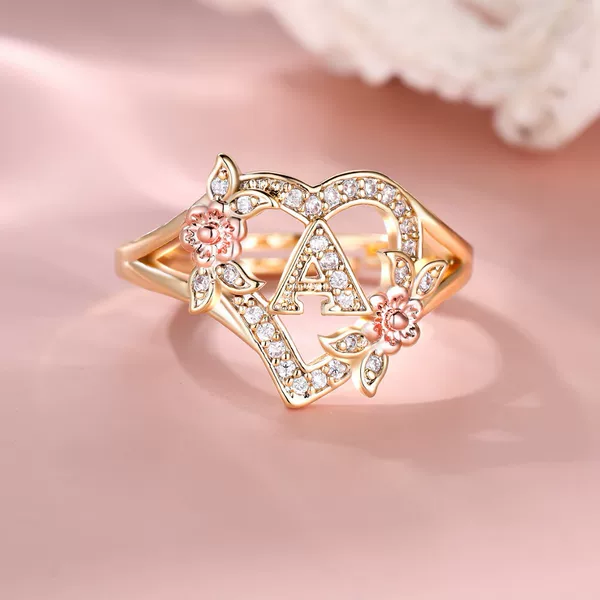 European and American Hot-Selling Love Letter Rings for Women, Light Luxury Full Diamond Two-Tone Flower Fashion Personalized Niche High-End Decorative Rings