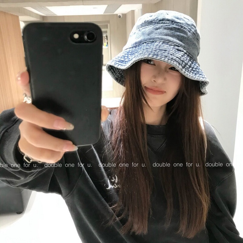 Korean Japanese-Style Retro Washed Denim Bucket Hat for Women, Korean Version, Plain Face-Covering, Face-Slimming Fisherman Hat for Men with Large Head Circumference