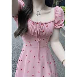 M8N方领系带泡泡袖连衣裙女夏季洋气2025新款甜美收腰显瘦中长款