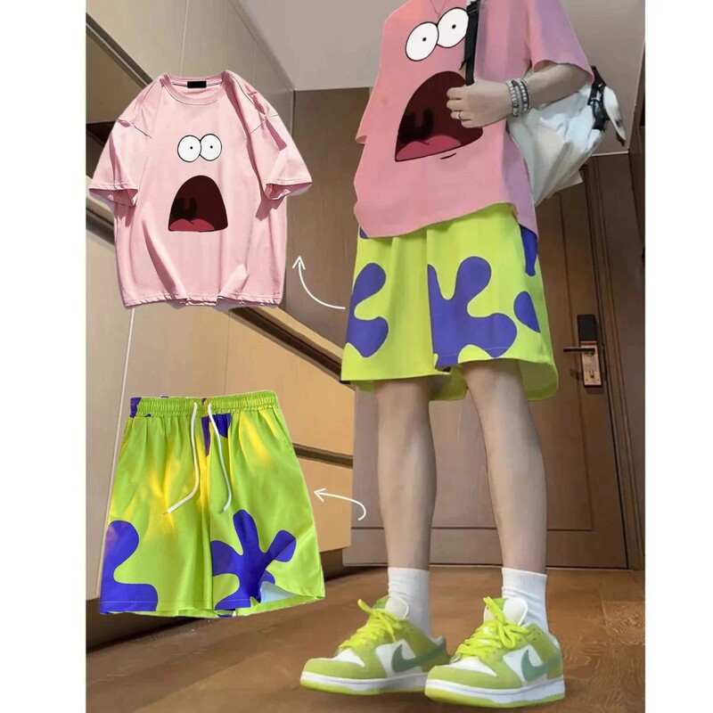 Cartoon couple Patrick Star shorts casual set, short-sleeved, unisex, versatile, loose-fitting beach pants, pajama pants, T-shirt top Cartoon couple Patrick Star shorts casual set, short-sleeved, unisex, versatile, loose-fitting beach pants, pajama pants, T-shirt top