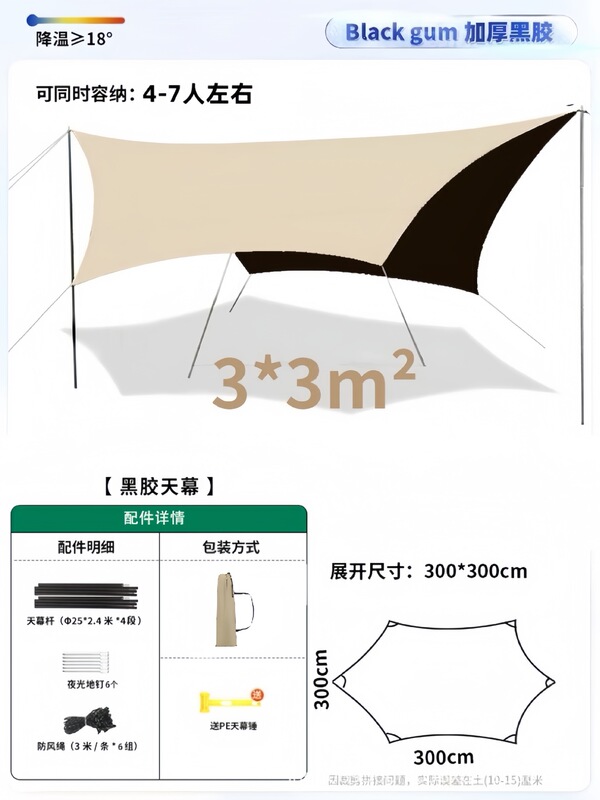 アウトドアキャンプ、旅行、ピクニック、六角形キャノピーテント、厚みのある日焼け止めと防水ビニールキャノピー、銀コーティングされた日よけ|undefined