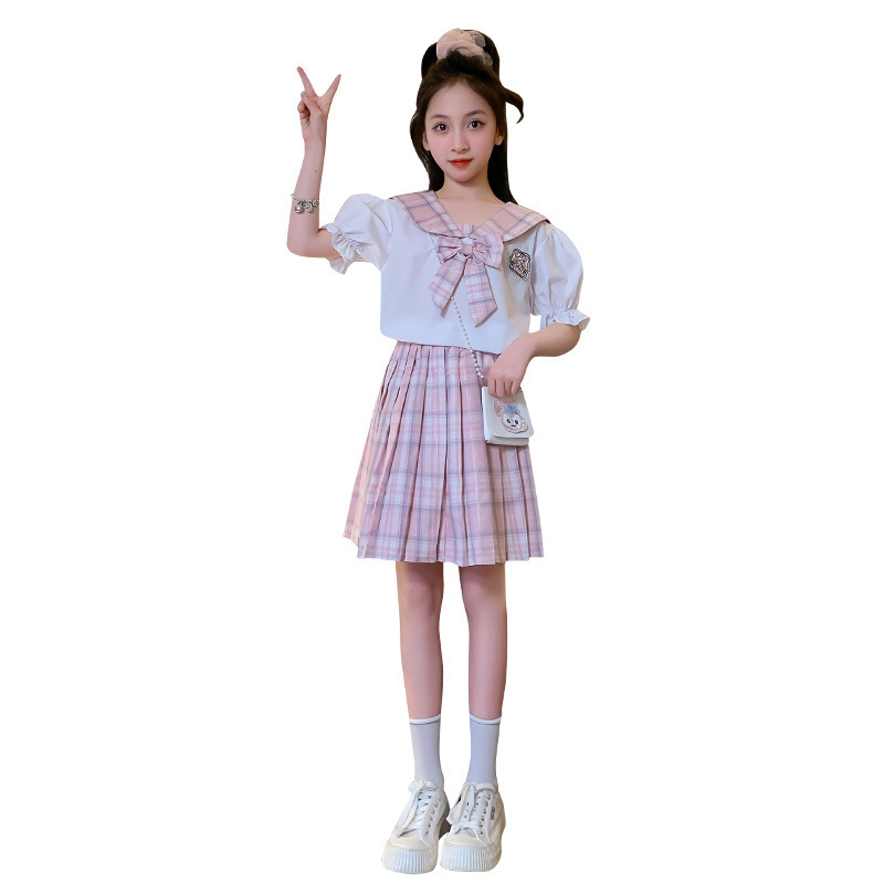女の子jkスーツのスカート韓国版六一ショーの服の半袖夏服の学院の風の女の子のプリーツのスカートの2つのセットのファッション|undefined