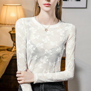 Jacquard Lace Bottoming Shirt for Women Slim Fit 2024 Autum New Women's Fashionable Inner Shirt Long-Sleeved Sexy Top