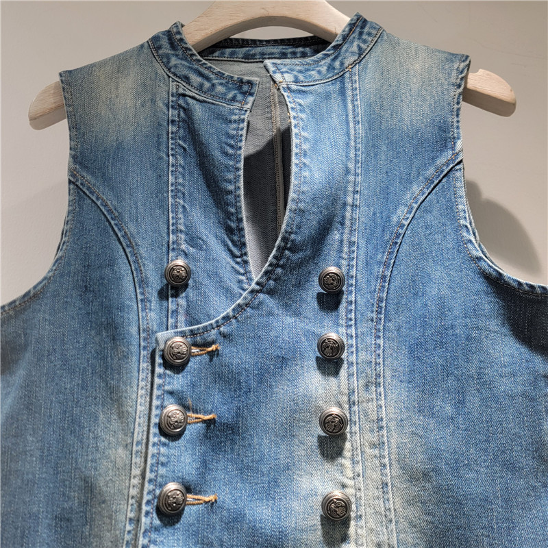 Modas de estilo británico de doble hebilla elástica chaleco de vaquero delgado chaleco azul delgado image 3