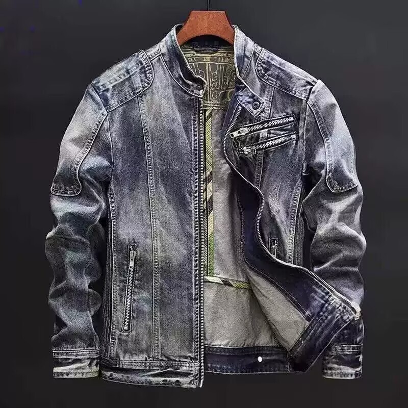 2026 Cross-Border Denim Jacket for Men, American Retro Style, Slim Fit, Stand-Up Collar, Zippered Workwear Jacket, Motorcycle Riding Clothing 2026 Cross-Border Denim Jacket for Men, American Retro Style, Slim Fit, Stand-Up Collar, Zippered Workwear Jacket, Motorcycle Riding Clothing