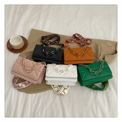 Popular texture women's bag  new trendy fashion chain shoulder crossbody bag wide shoulder strap embossed plaid small square bag