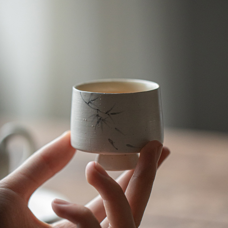 Literati handmade stoneware powder tea cup glazed color hand-painted ink bamboo Master Cup Single Cup retro Misty style kung fu tea