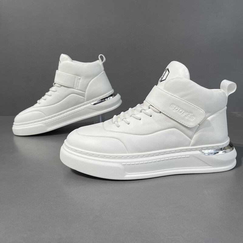 Men's white high-top sneakers men's fashionable shoes men's all-match white shoes genuine leather daddy shoes thick-soled casual shoes men