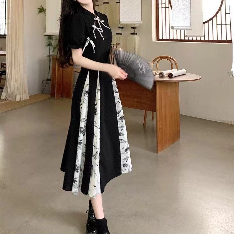 New Chinese Style Improved Cheongsam Skirt Plus Size Slightly Fat mm High-End Printed Splicing Retro Han Dynasty Dress