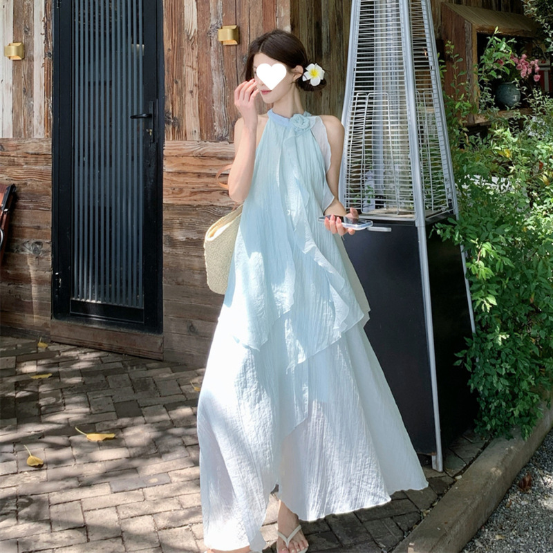 Beach Vacation Dress for Women, White Halter Neck Strap Summer Dopamine Arm-Covering Xinjiang Hawaii Travel Long Dress