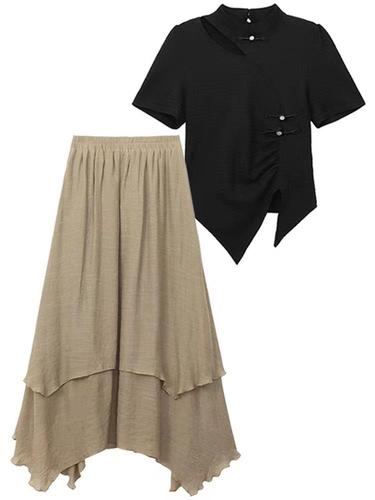 Chinese-style design sense irregular hollow short-sleeve top with high-waisted skirt women's summer two-piece set