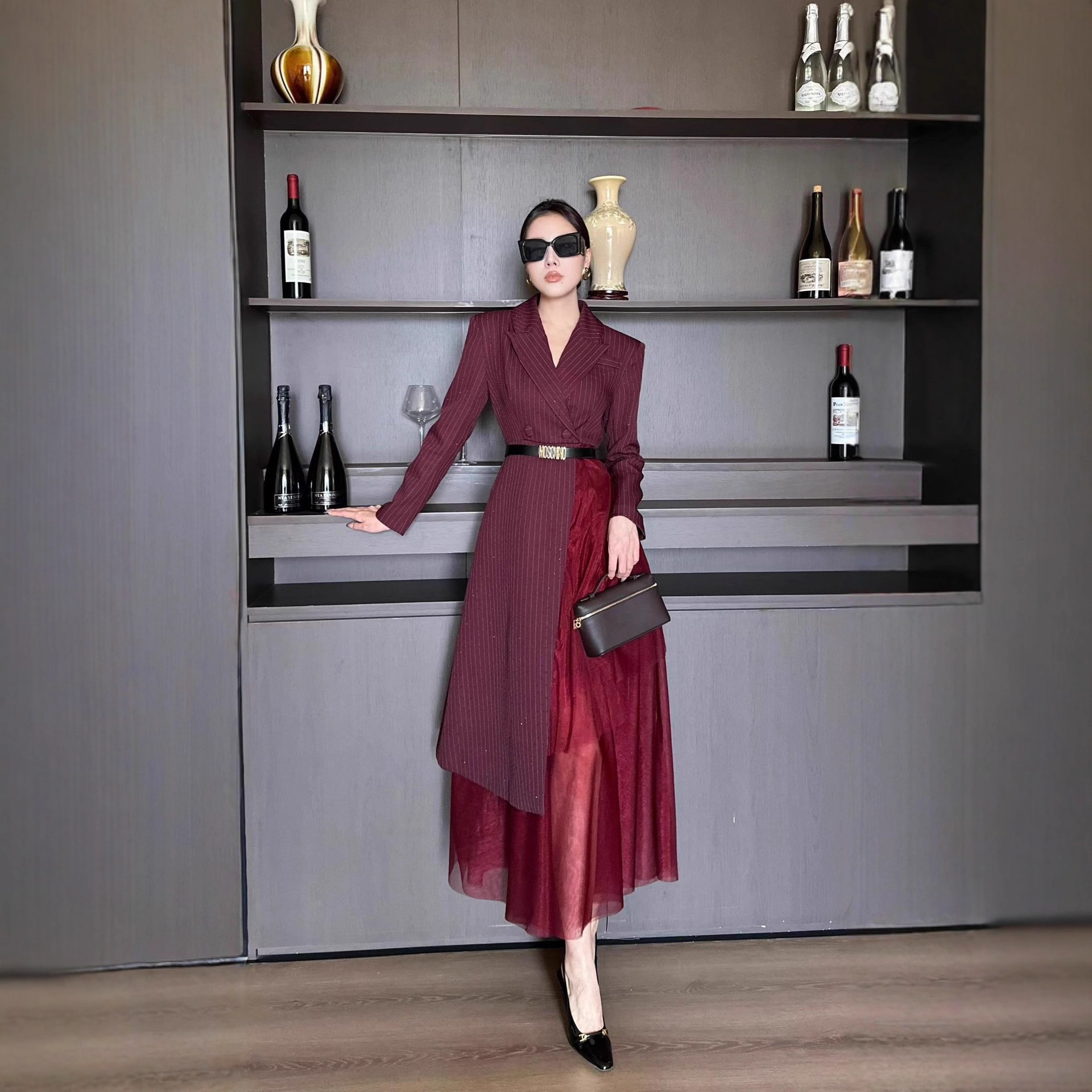 Striped Suit Dress for Women, Spliced Mesh Asymmetrical Skirt, Waist-Cinching Long Skirt, High-End Annual Party Elegant Skirt