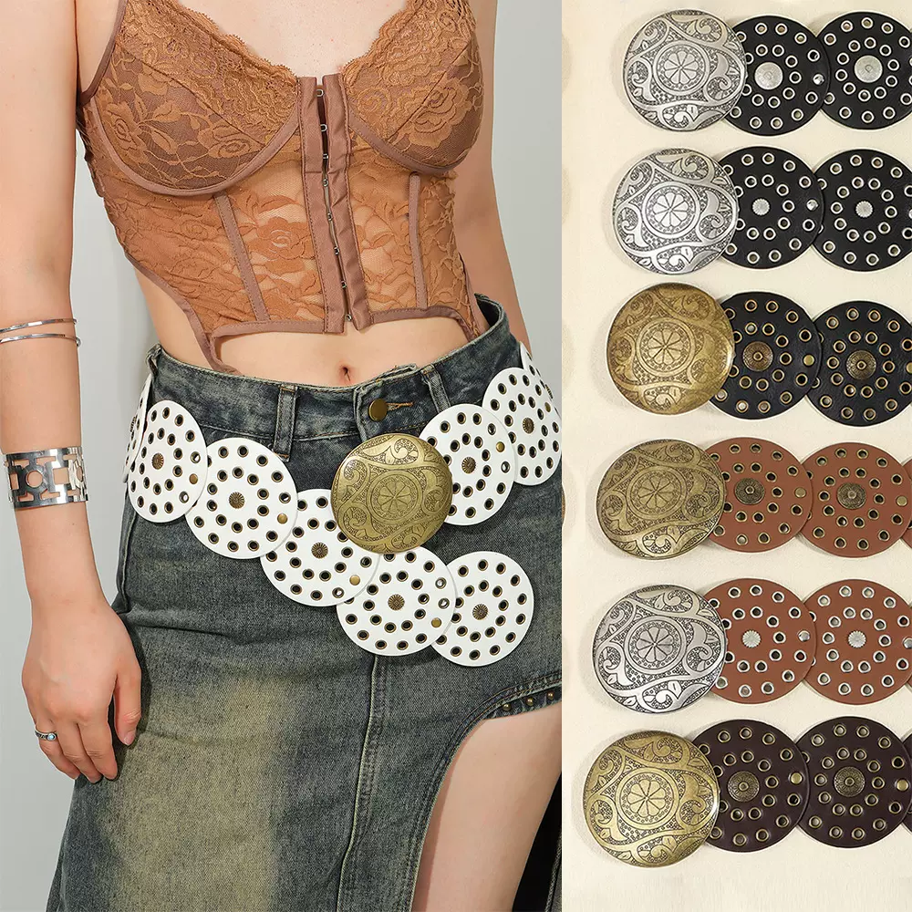 新款跨境欧美复古牛仔西部风个性腰带女士夸张圆形镂空金属宽皮带