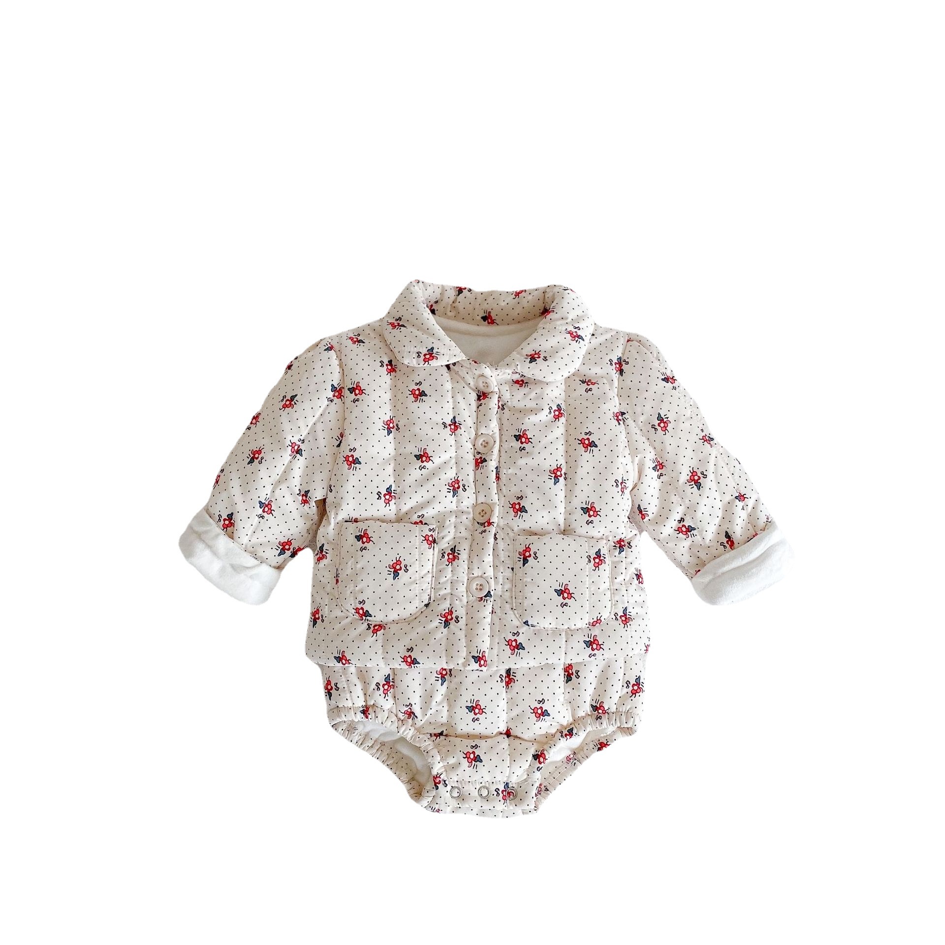 2024 Roupas para meninas Flor e veludo Casaco grosso + Alça Chapéu de bebê Roupas Crawler Conjunto de duas peças_voghion.com