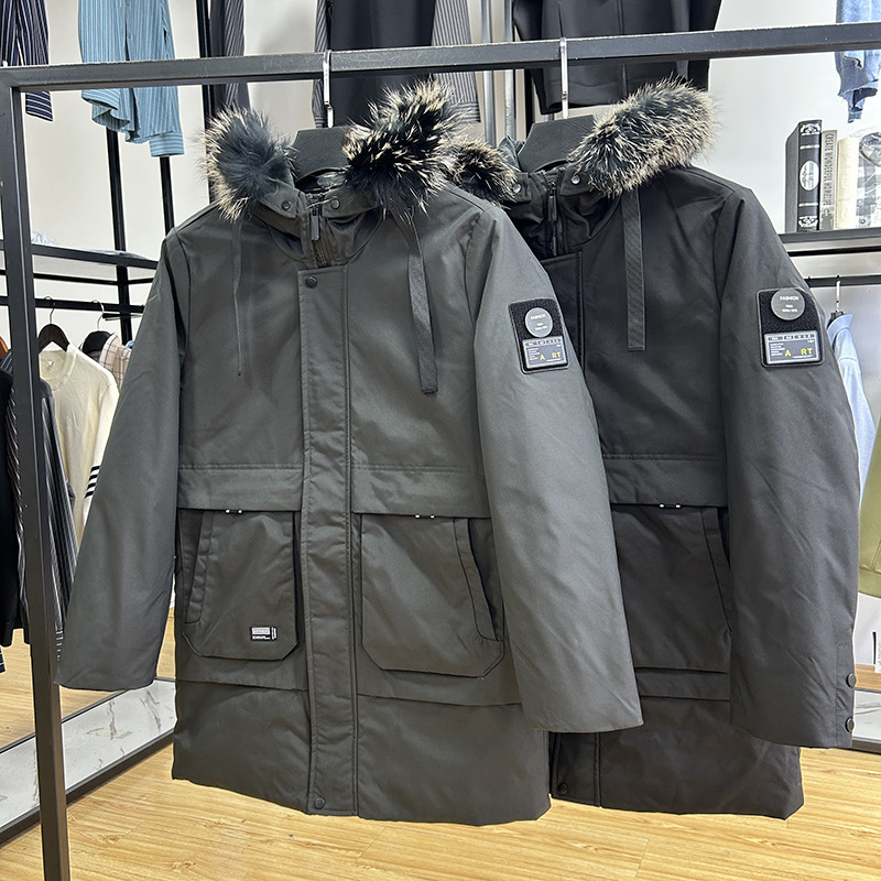 Men's Clothing with Foreign Trade Tags Removed--Thickened and Fleece-Lined Outdoor Mid-Length Hooded down Jacket for Autumn and Winter, Warm Duck down Coat