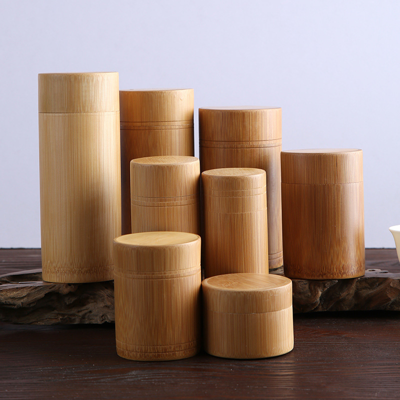 Carbonized bamboo tea caddy, bamboo tube with lid, portable small tea box, bamboo and wood tea aging canister, light luxury storage bucket