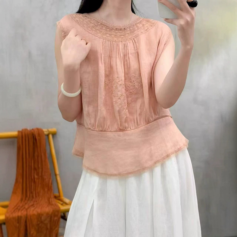 New ramie lace patchwork blouse doll shirt top for women 2026 summer sweet thin sleeveless shirt