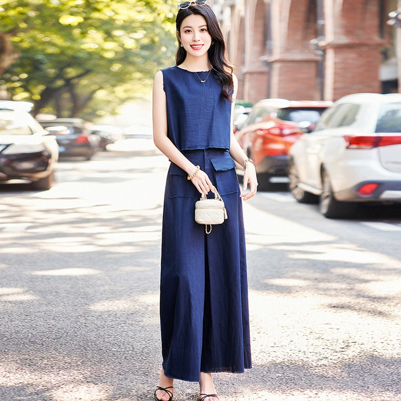 Винтажный костюм из хлопка и льна, длинные брюки, женские летние новые стильные топ без рукавов в стиле Шанель, свободные повседневные широкие брюки, комплект из двух предметов