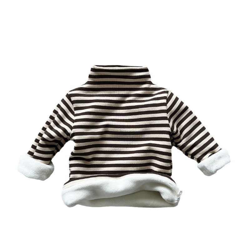 Camiseta térmica infantil de invierno con forro polar a rayas para niños pequeños y niños, nuevo estilo otoño-invierno 2025, top cálido y grueso para niños y niñas, a la moda.
