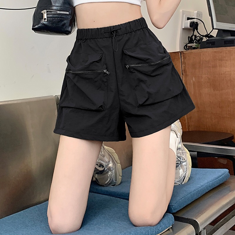 黑色美式速干工装短裤女春夏季薄款小个子外穿高腰显瘦阔腿休闲裤