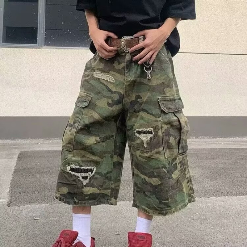 Trendy Camouflage Cargo Denim Shorts for Men, Vintage Casual with Large Pockets, Ripped Patch Design, Wide-Leg Cropped Pants