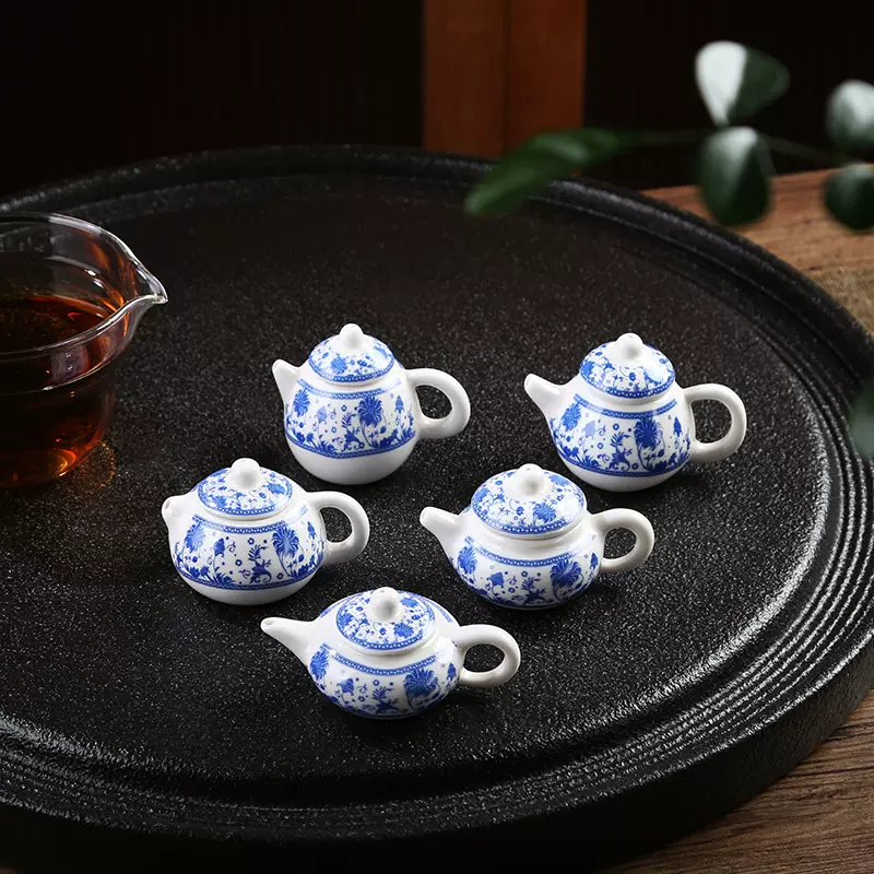 青花迷你小茶壶可养可玩袖珍指尖壶茶宠小西施把把壶功夫茶具摆件