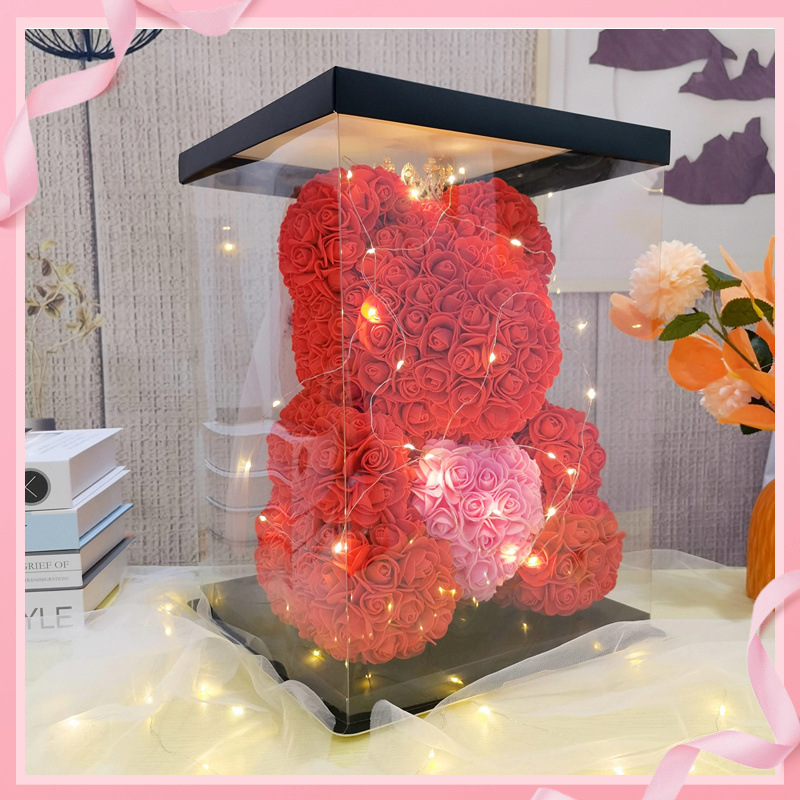 붉은 하트 포옹 웨딩 드레스 곰 + 선물 상자 가벼운 끈