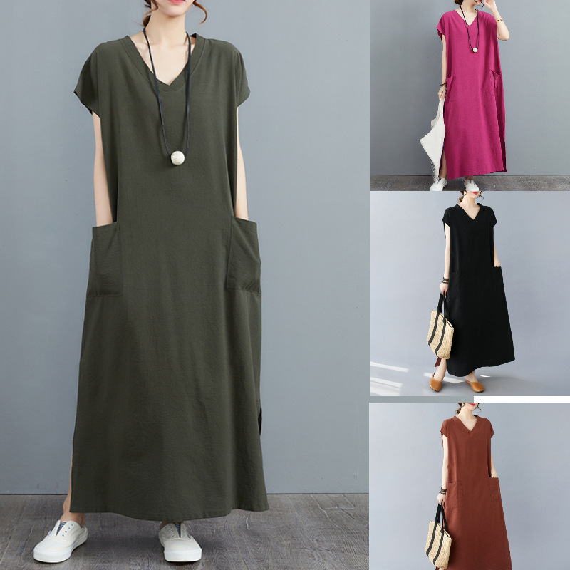 2024 New Summer Style Retro Cotton and Linen V Neck Plus Fat and Loose Flap Pocket Pants Design Short-Sleeved Dress Robe 2024 New Summer Style Retro Cotton and Linen V Neck Plus Fat and Loose Flap Pocket Pants Design Short-Sleeved Dress Robe