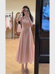 LTTT17282粉色方领短袖连衣裙夏收腰大方得体的裙子温柔韩系气质