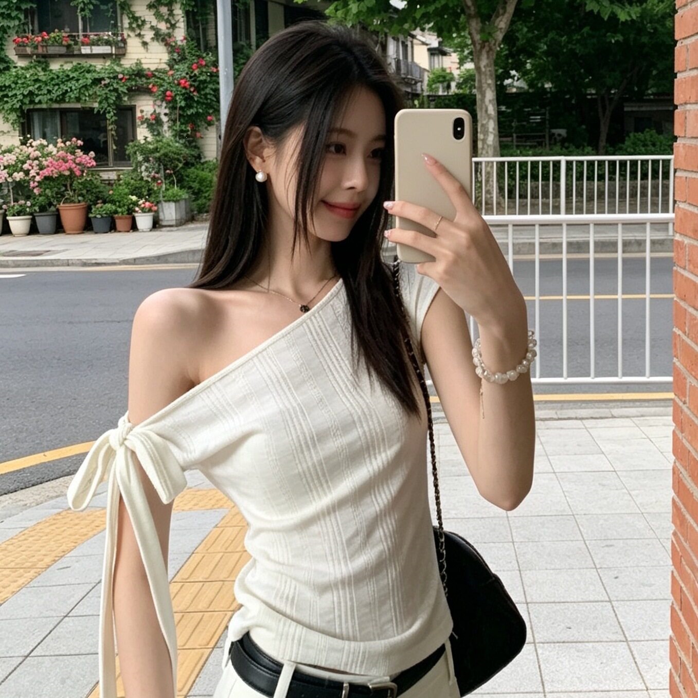 【原版芭比竹节棉】白色斜肩系带T恤女夏纯欲显瘦辣妹露肩短袖上