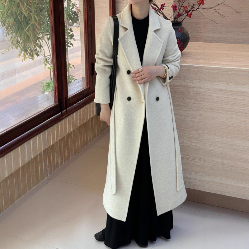 2025秋冬新款双面羊绒大衣女加长西装领系带双排扣宽松高级感外套|undefined
