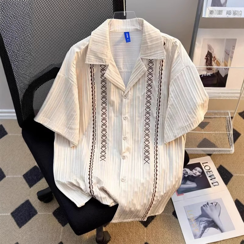2025 Retro Shirt Men's Summer Hong Kong Style Student Loose Niche Design Sense Interesting New Men's Top for Outer Wear 2025 Retro Shirt Men's Summer Hong Kong Style Student Loose Niche Design Sense Interesting New Men's Top for Outer Wear